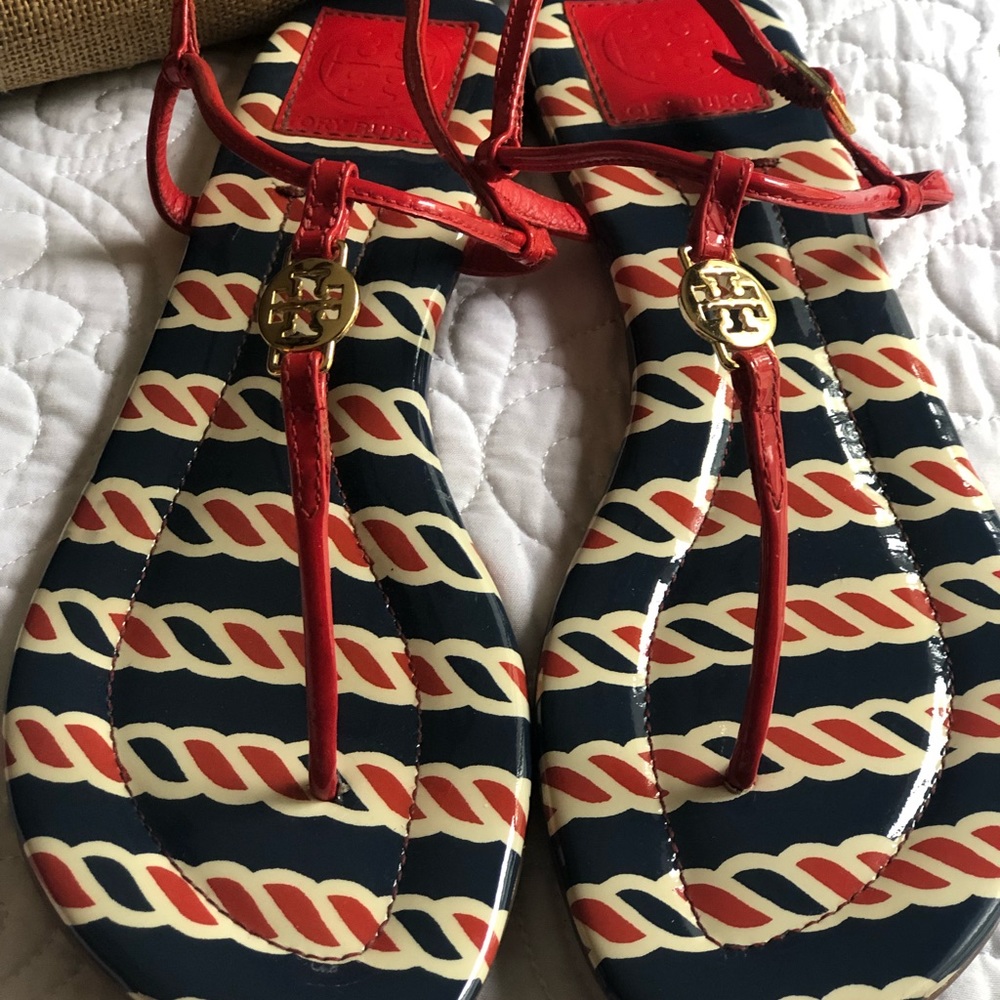 Tory Burch EUC T-Sandals Size 9.5 Red, Blue, White